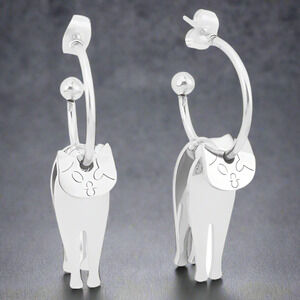 Movable Silver Cat Earrings | Stainless Steel Studs | Cute Cat Lover Jewelry